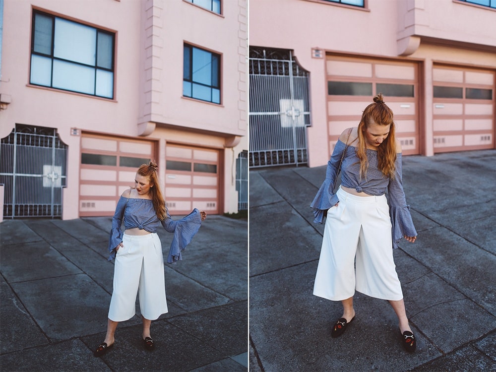 chicwish bellsleeve, white culotte pants, mules