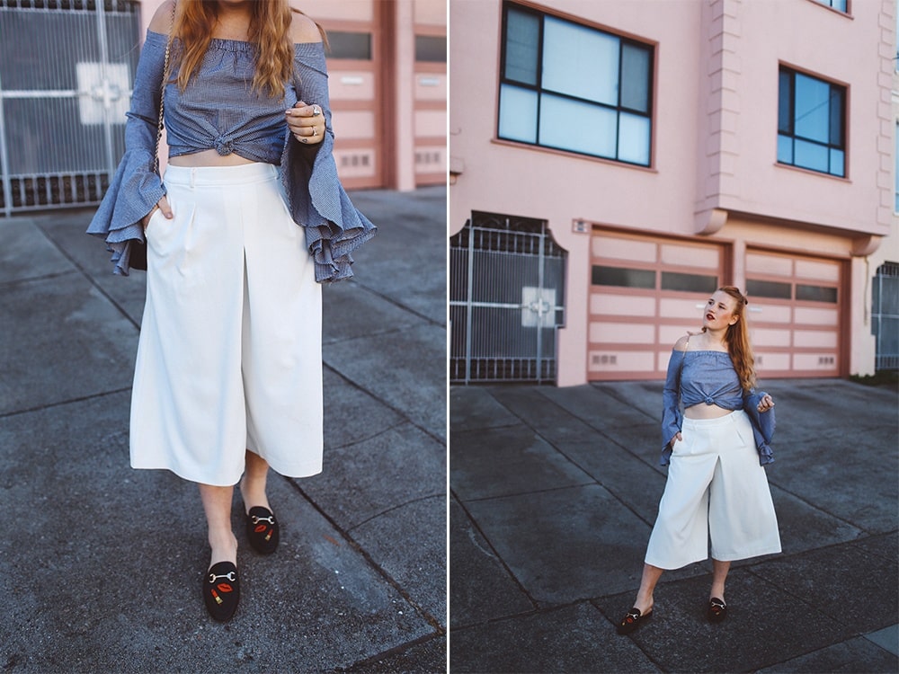 chicwish bellsleeve, white culotte pants, mules