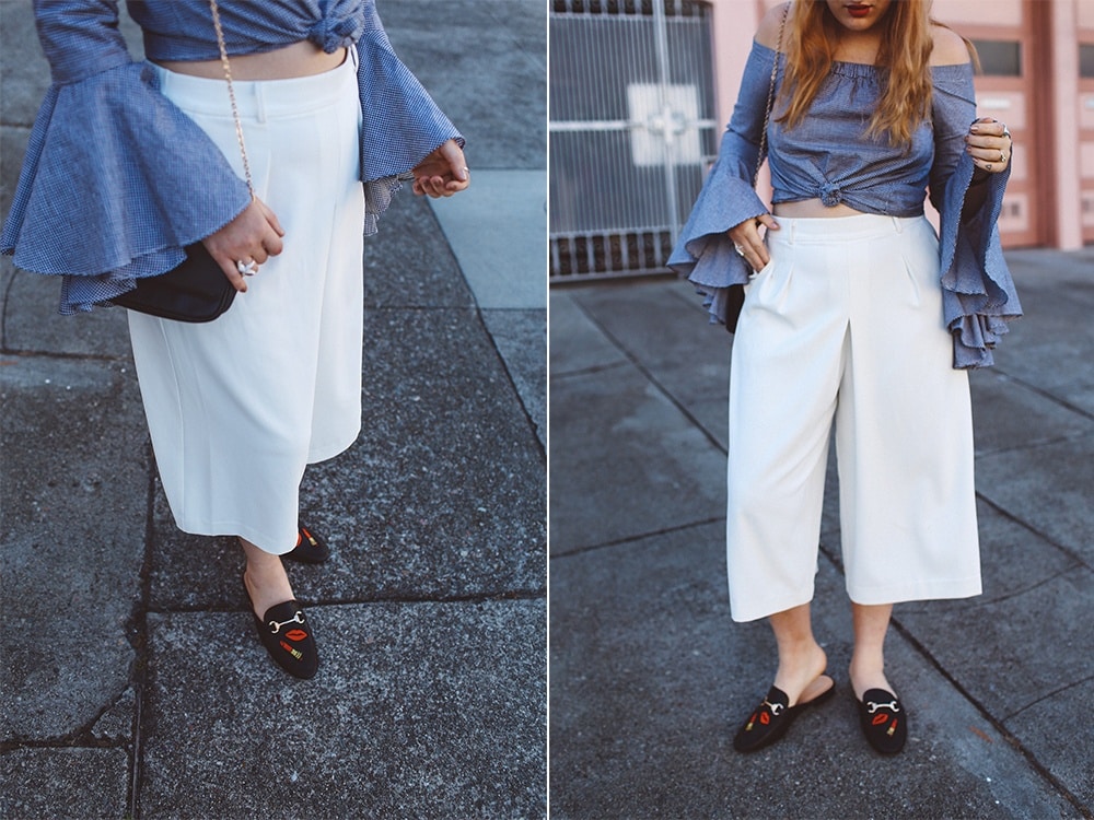 chicwish bellsleeve, white culotte pants, mules