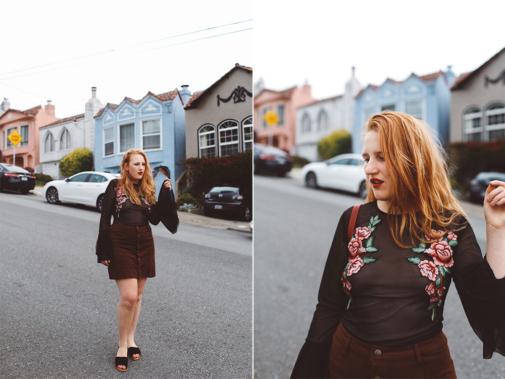 rose bell sleeve top, wicker purse