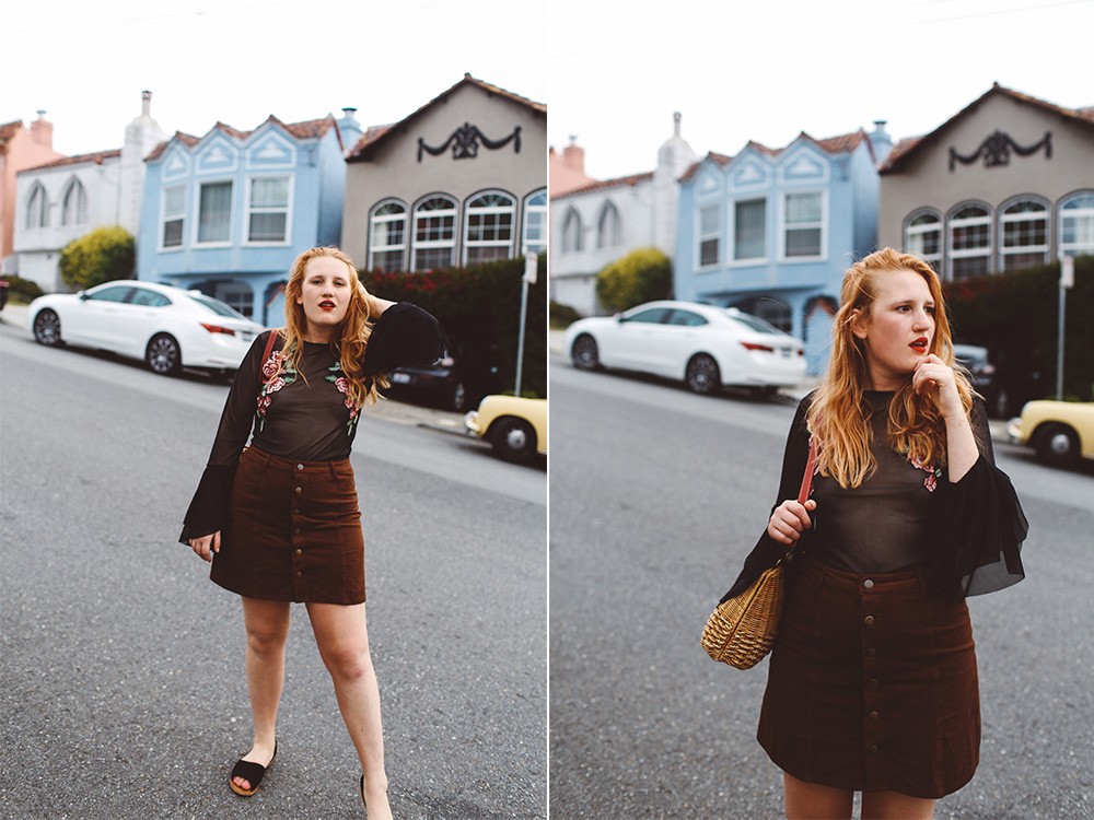 rose bell sleeve top, wicker purse