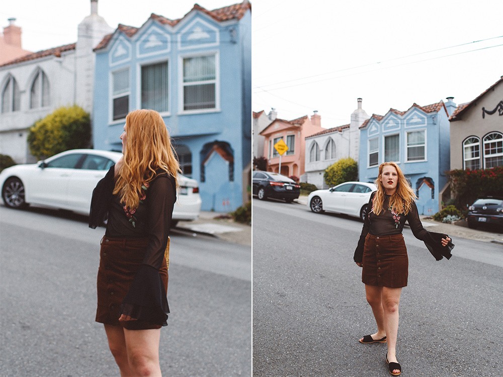 rose bell sleeve top, wicker purse