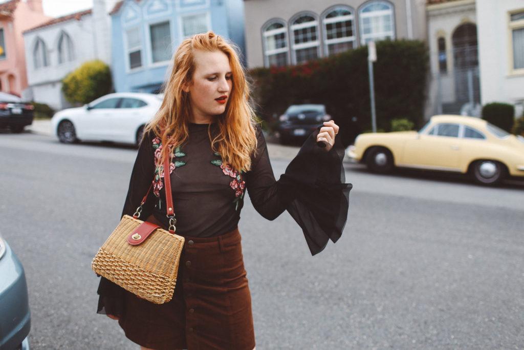 rose bell sleeve top, wicker purse