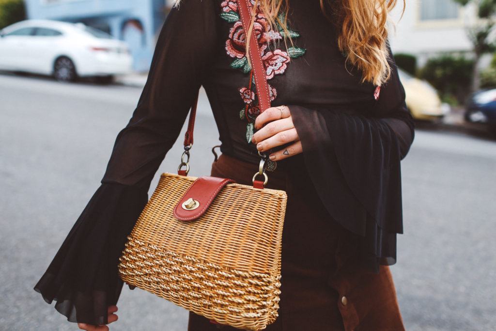 rose bell sleeve top, wicker purse