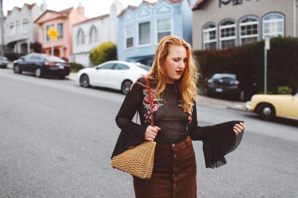 rose bell sleeve top, wicker purse