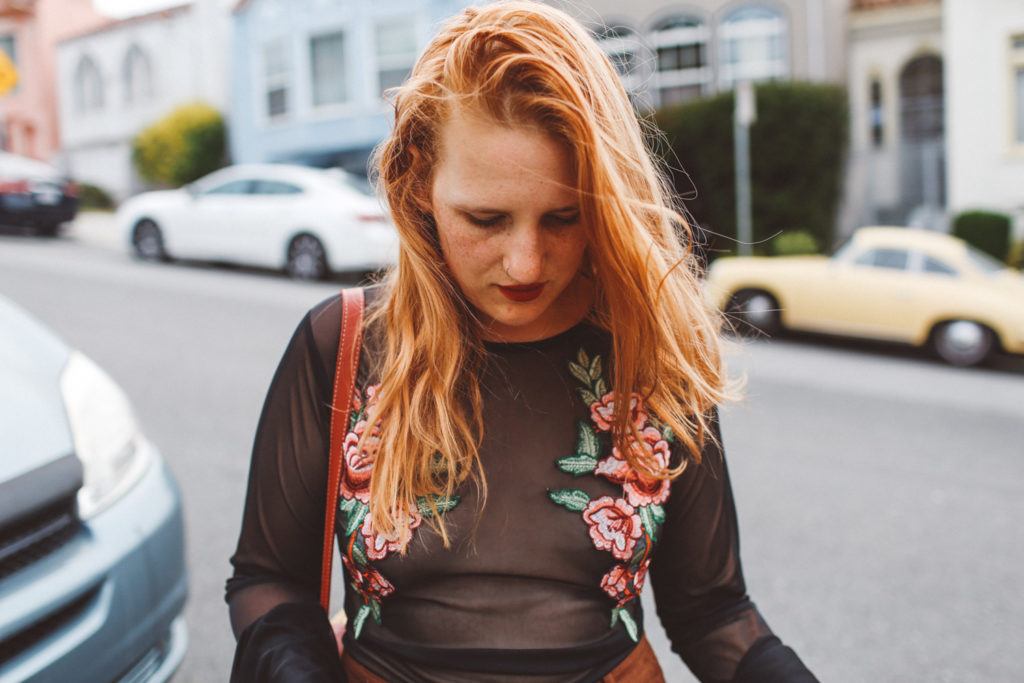 rose bell sleeve top, wicker purse