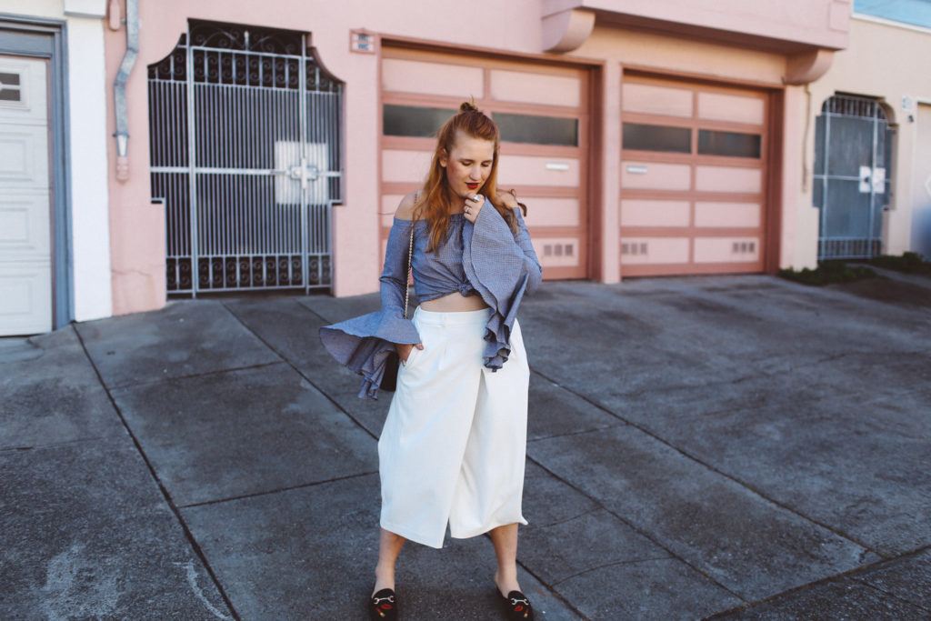 chicwish bellsleeve, white culotte pants, mules