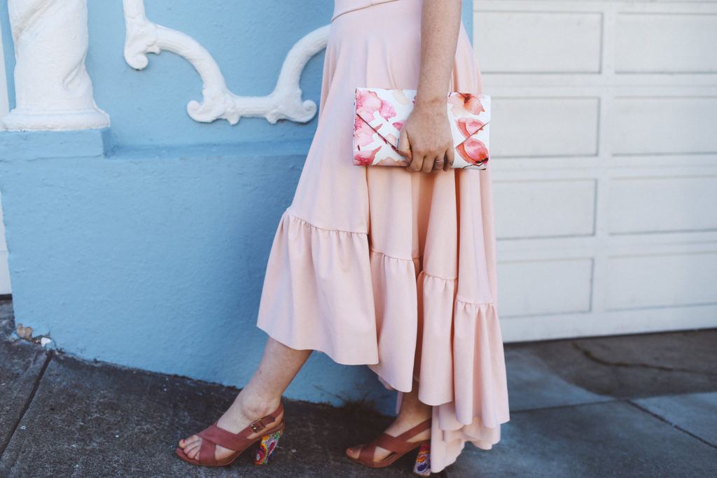 Pink Boohoo maxi ruffle dress