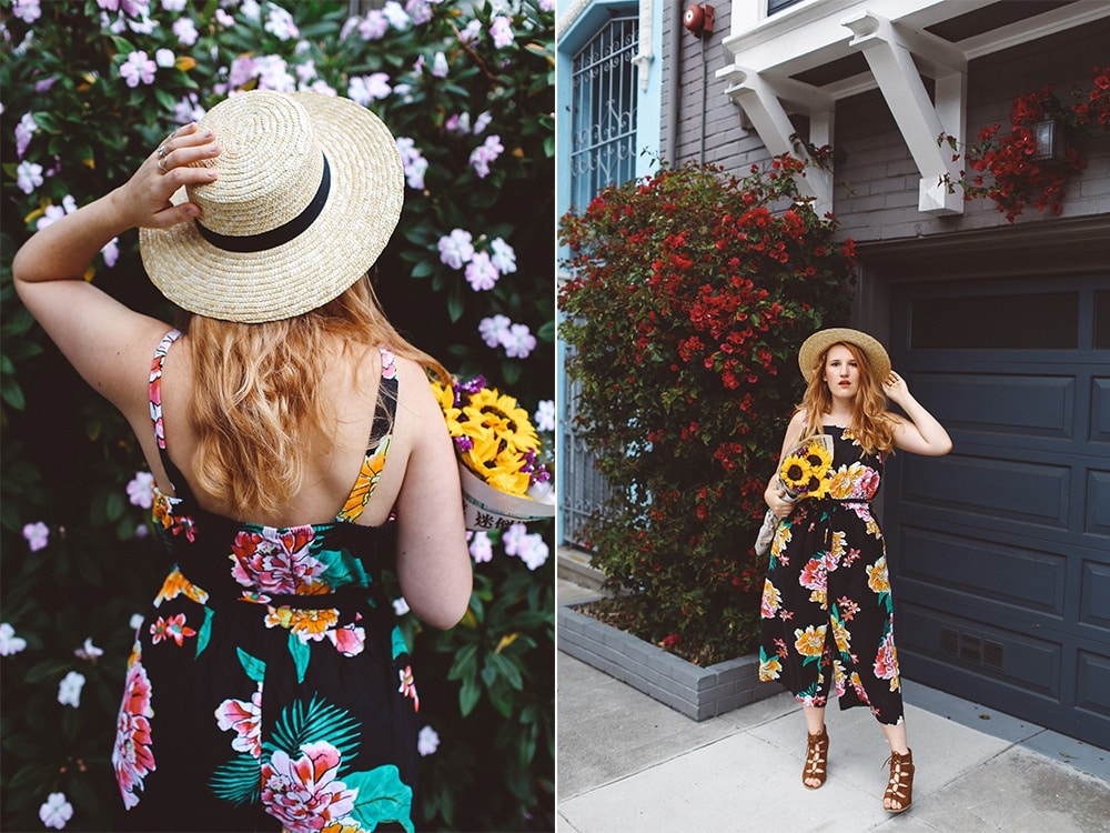 floral old navy jumpsuit, boat hat