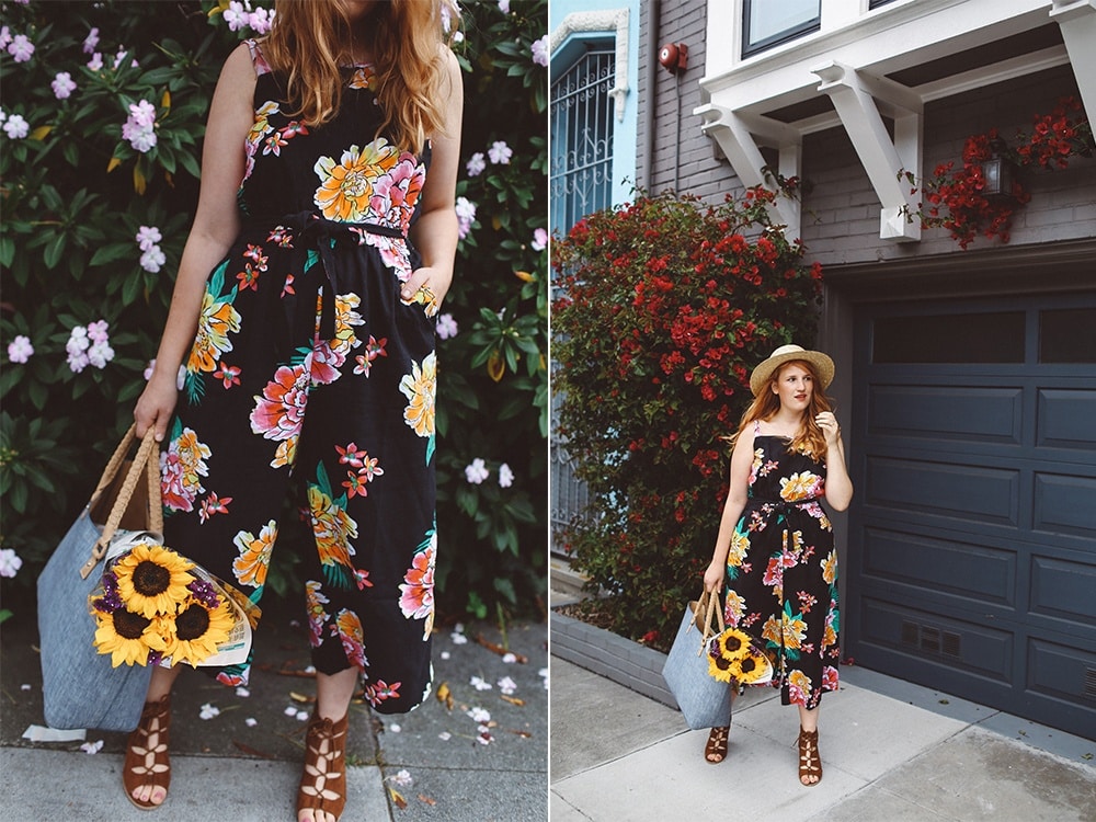 floral old navy jumpsuit, boat hat