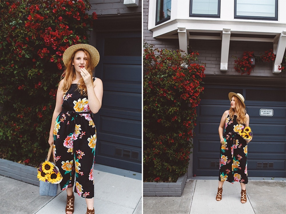 floral old navy jumpsuit, boat hat