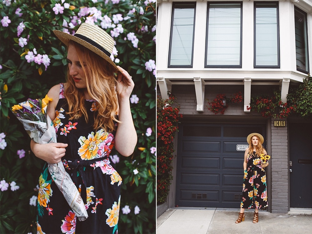 floral old navy jumpsuit, boat hat