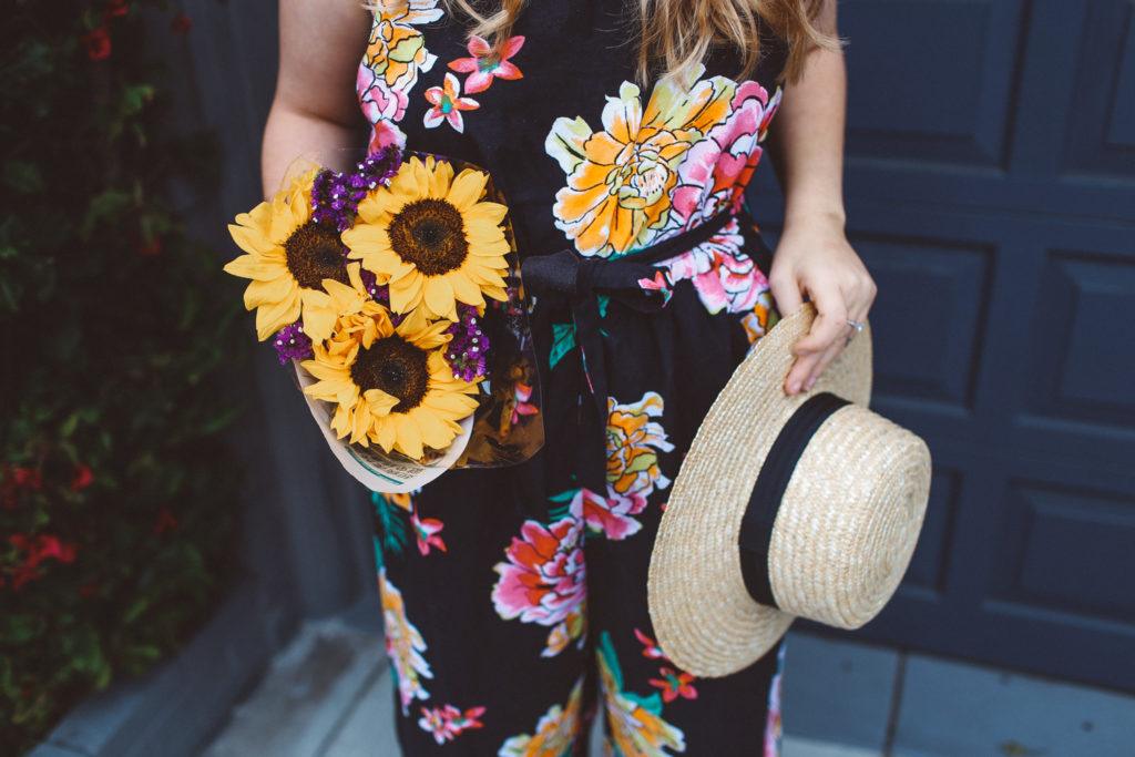 floral old navy jumpsuit, boat hat