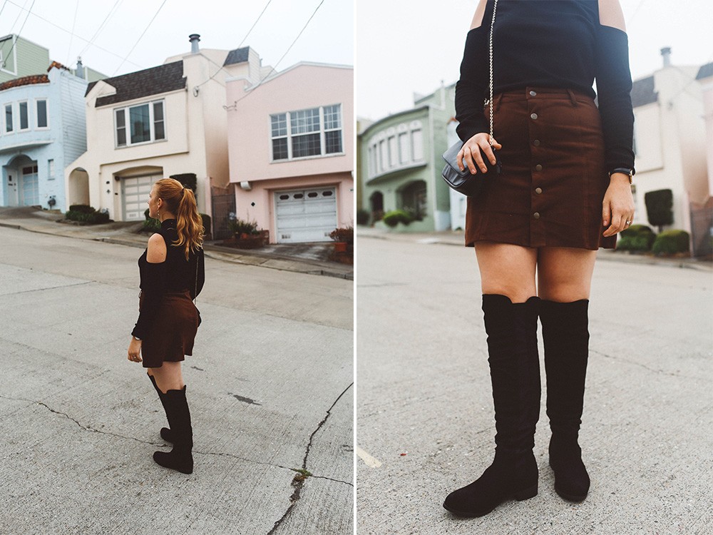 black over the knee boots button up skirt san francisco