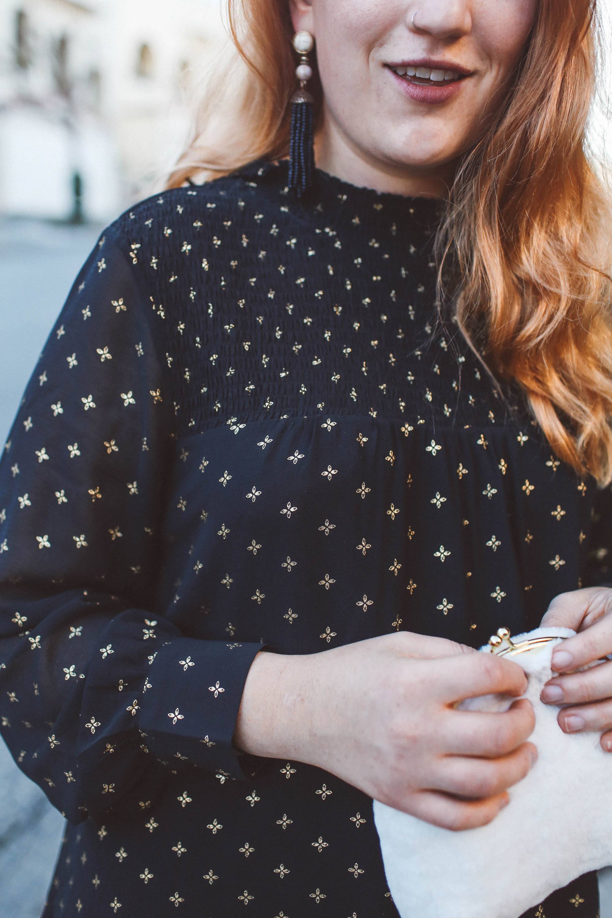 black dress gold stars white fur purse bow mules sale