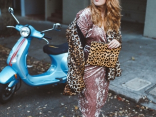 pink velvet dress leopard coat moped