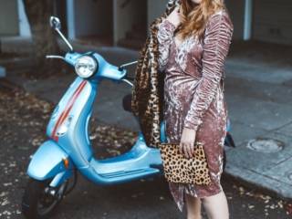 pink velvet dress leopard coat moped