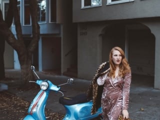 pink velvet dress leopard coat moped