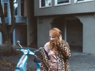 pink velvet dress leopard coat moped