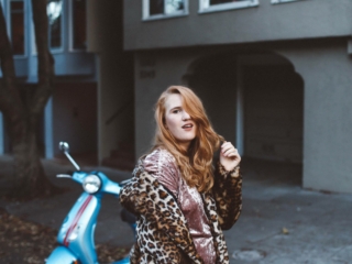 pink velvet dress leopard coat moped