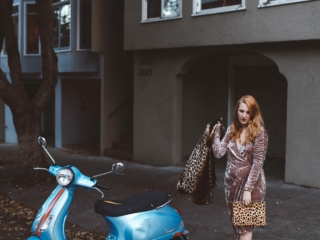 pink velvet dress leopard coat blue moped