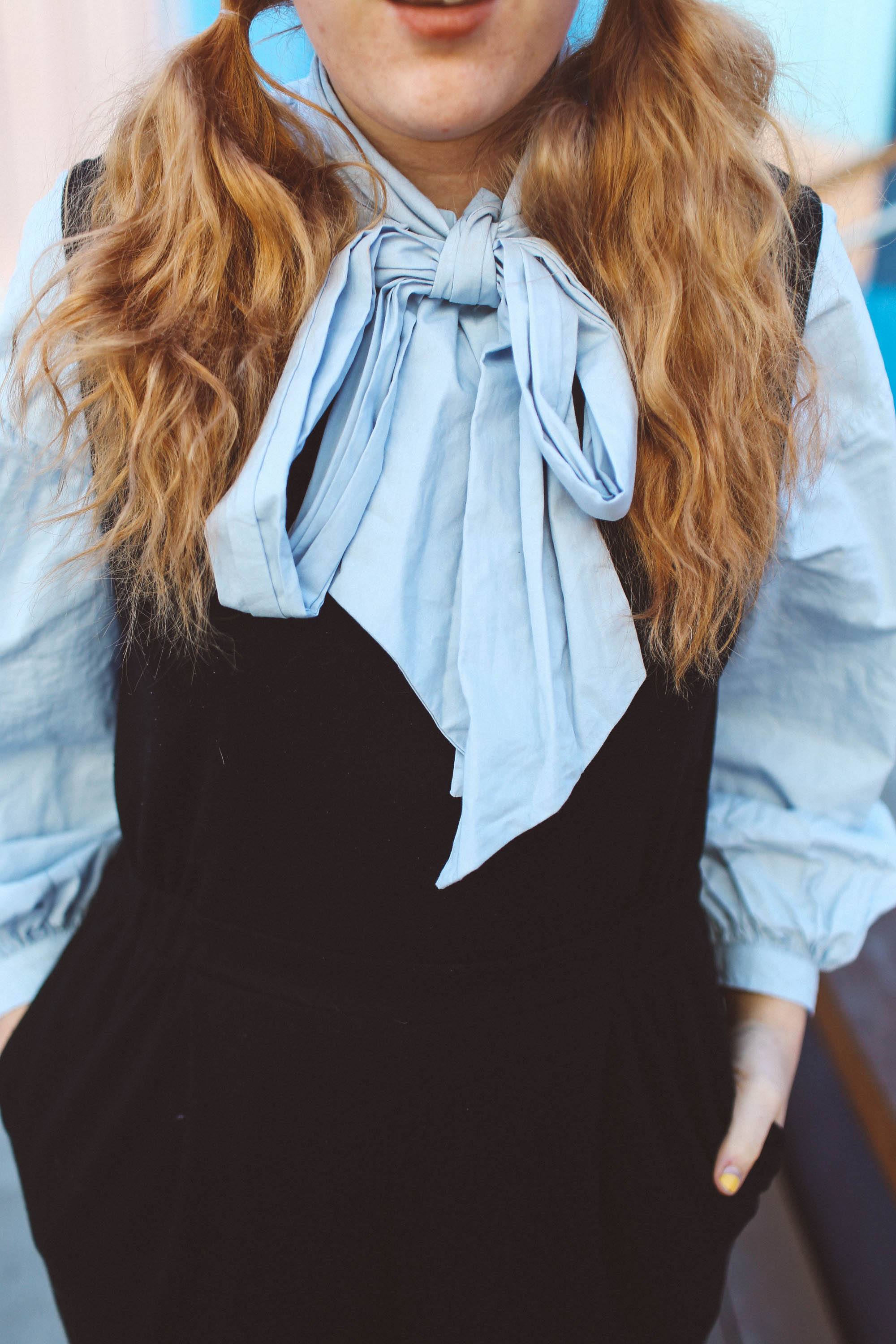 blue bow top blue sunglasses jumpsuit