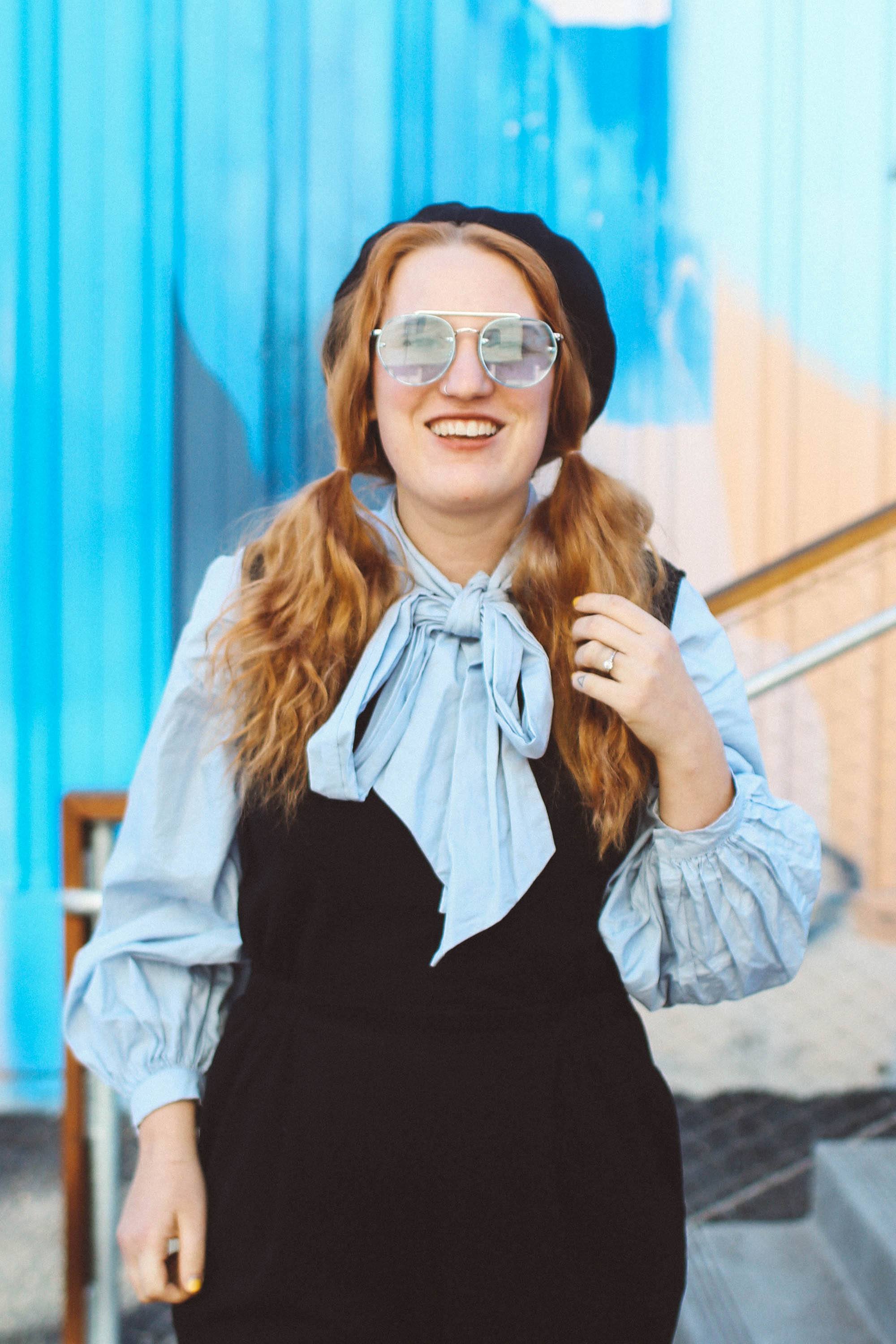 blue bow top blue sunglasses jumpsuit