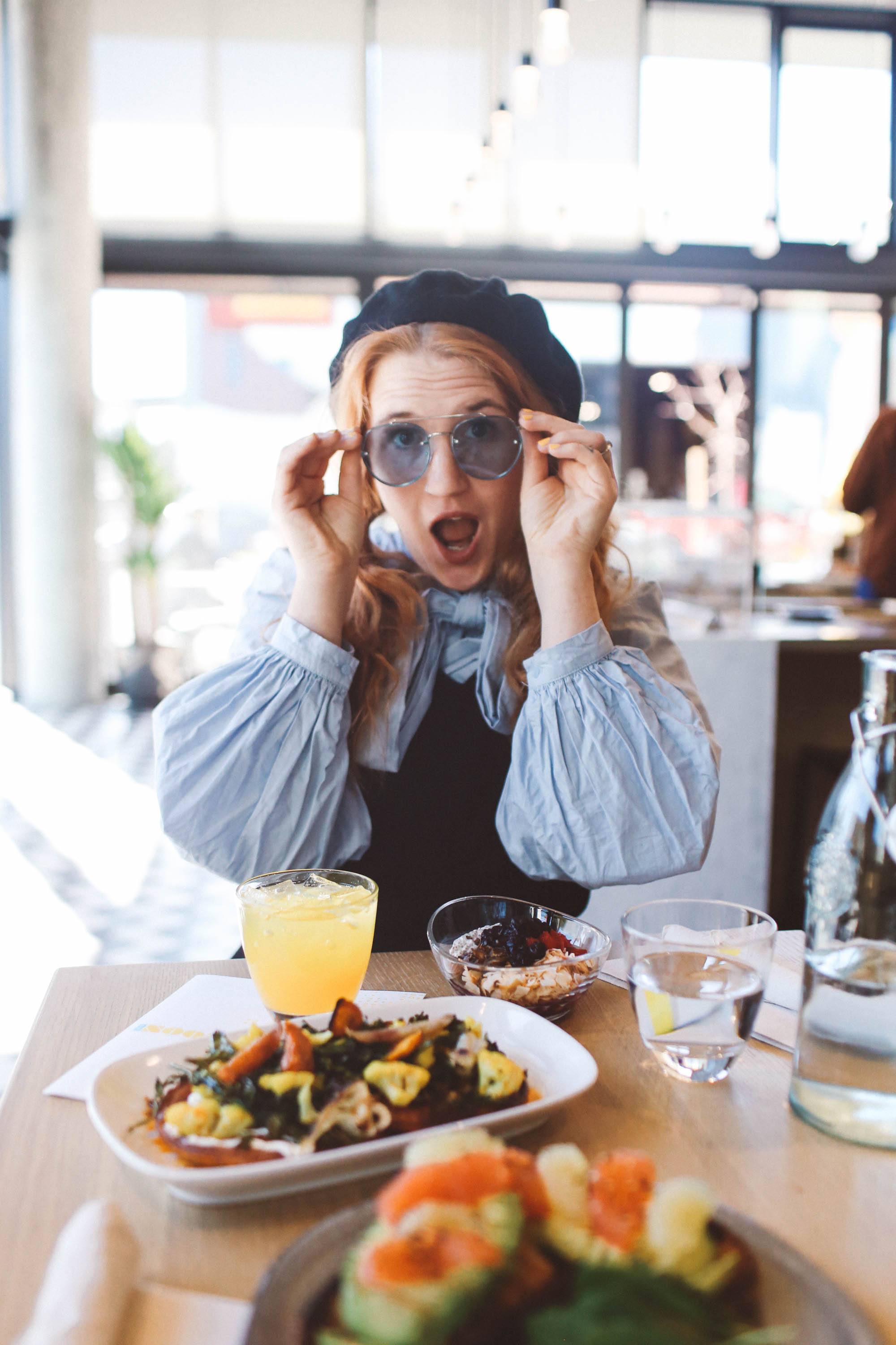 blue bow top blue sunglasses san francisco brunch