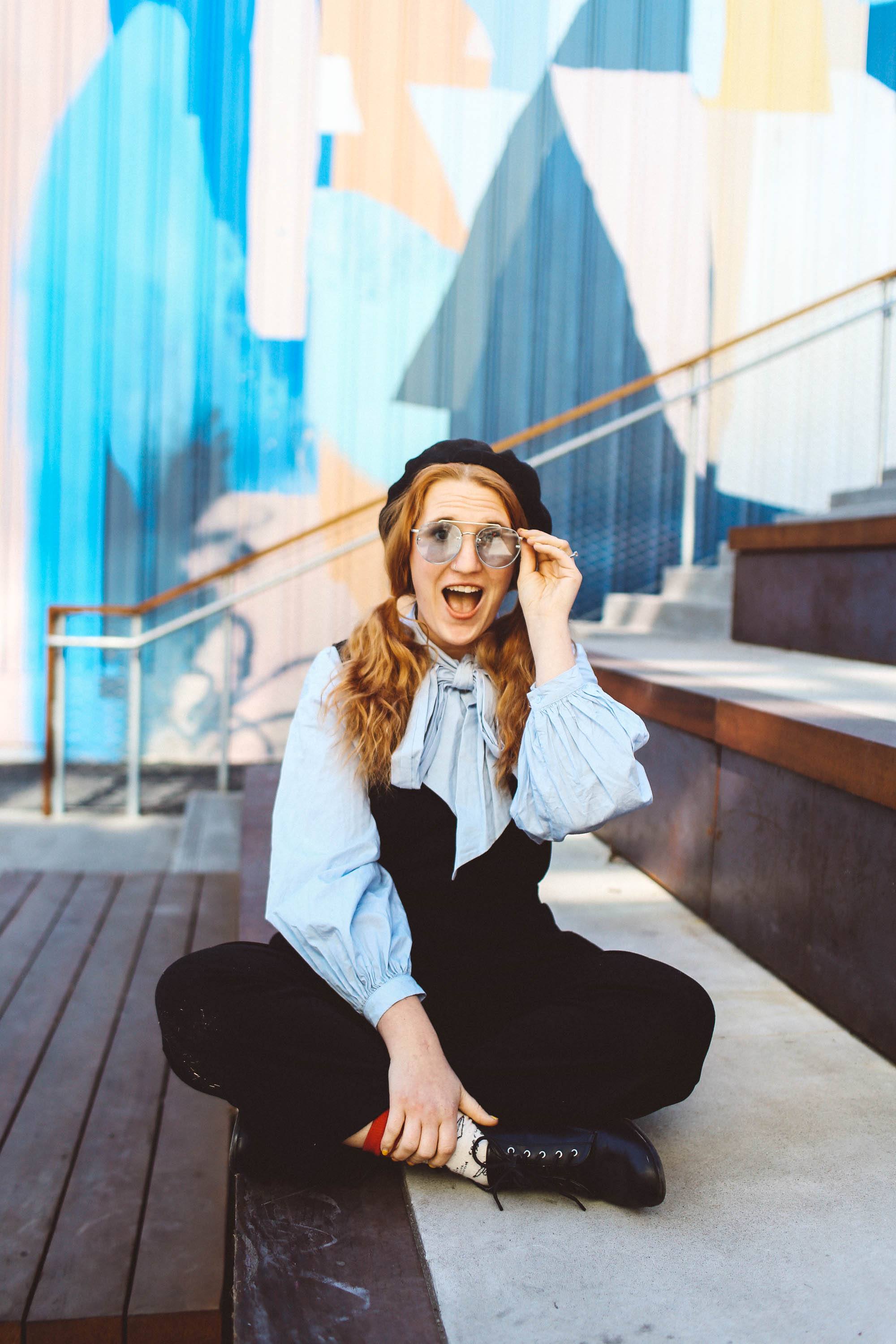 blue bow top blue sunglasses jumpsuit