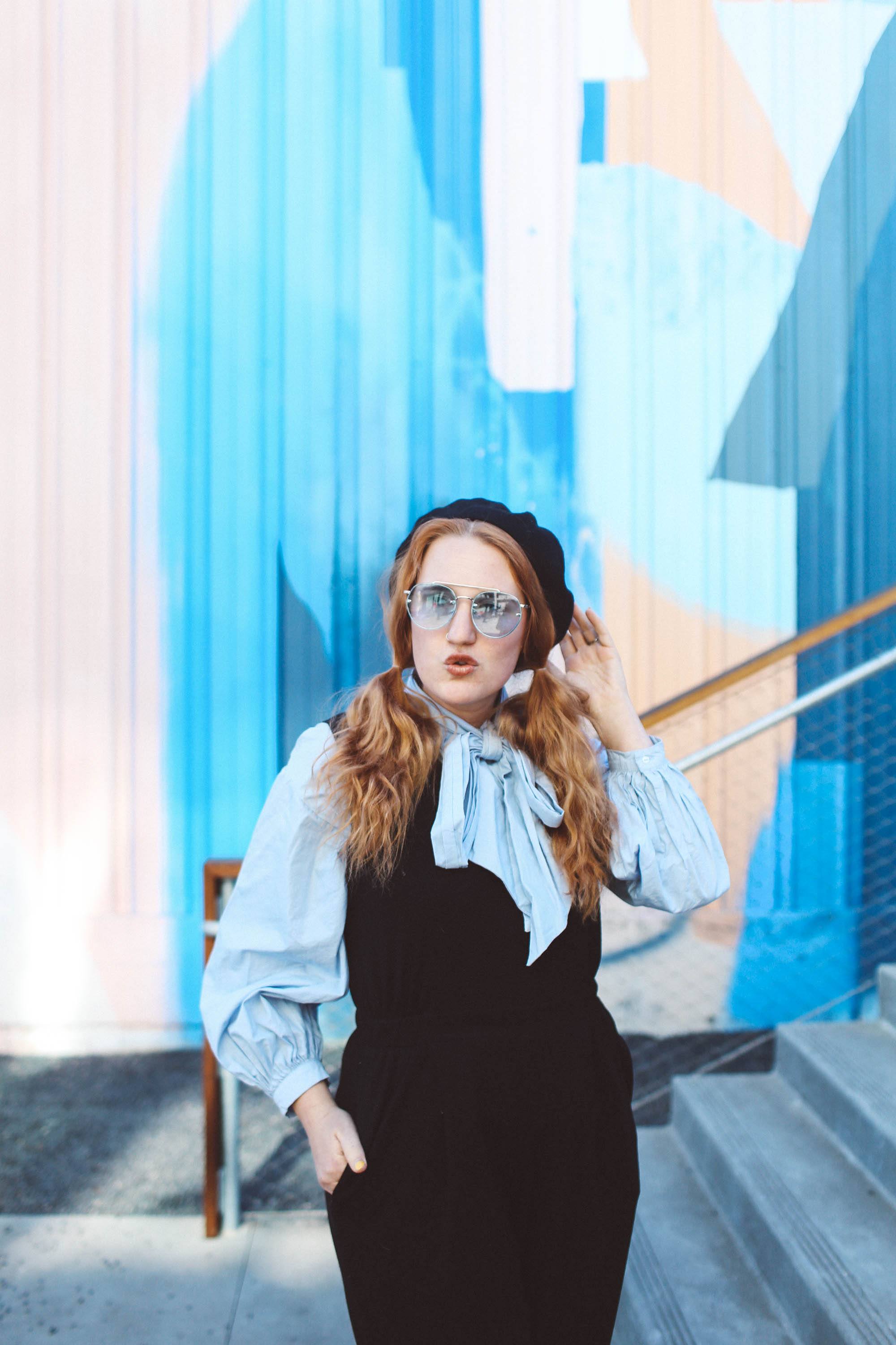 blue bow top blue sunglasses jumpsuit