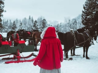 Woman in red coat walking towards sleigh