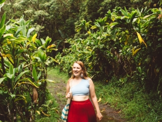 Two piece baby blue swimsuit paired with this great red skirt on the Road to Hana