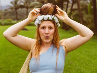 Two piece baby blue swimsuit paired with this great red skirt on the Road to Hana