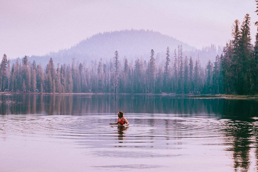 Kara Swimming in Summit Lake in Lassen Volcanic National Park