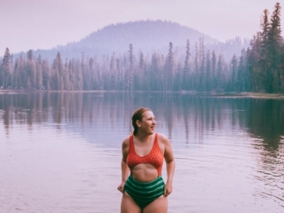 Kara in her Watermelon Swimsuit in Summit Lake in Lassen National Park