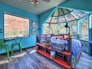 A blue bedroom in a Sedona Airbnb